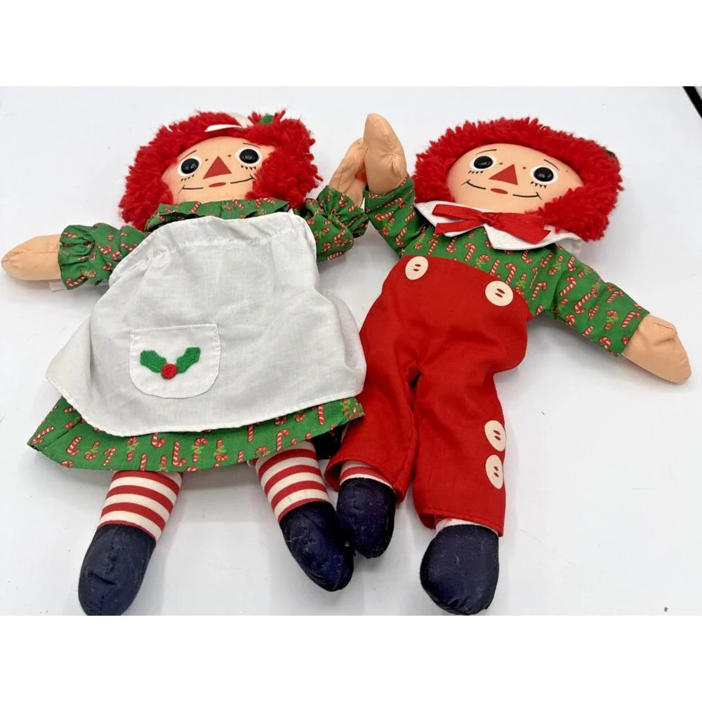 Vintage Playskool RAGGEDY ANN  & ANDY Christmas Theamed Stuffed Plush Dolls 13”